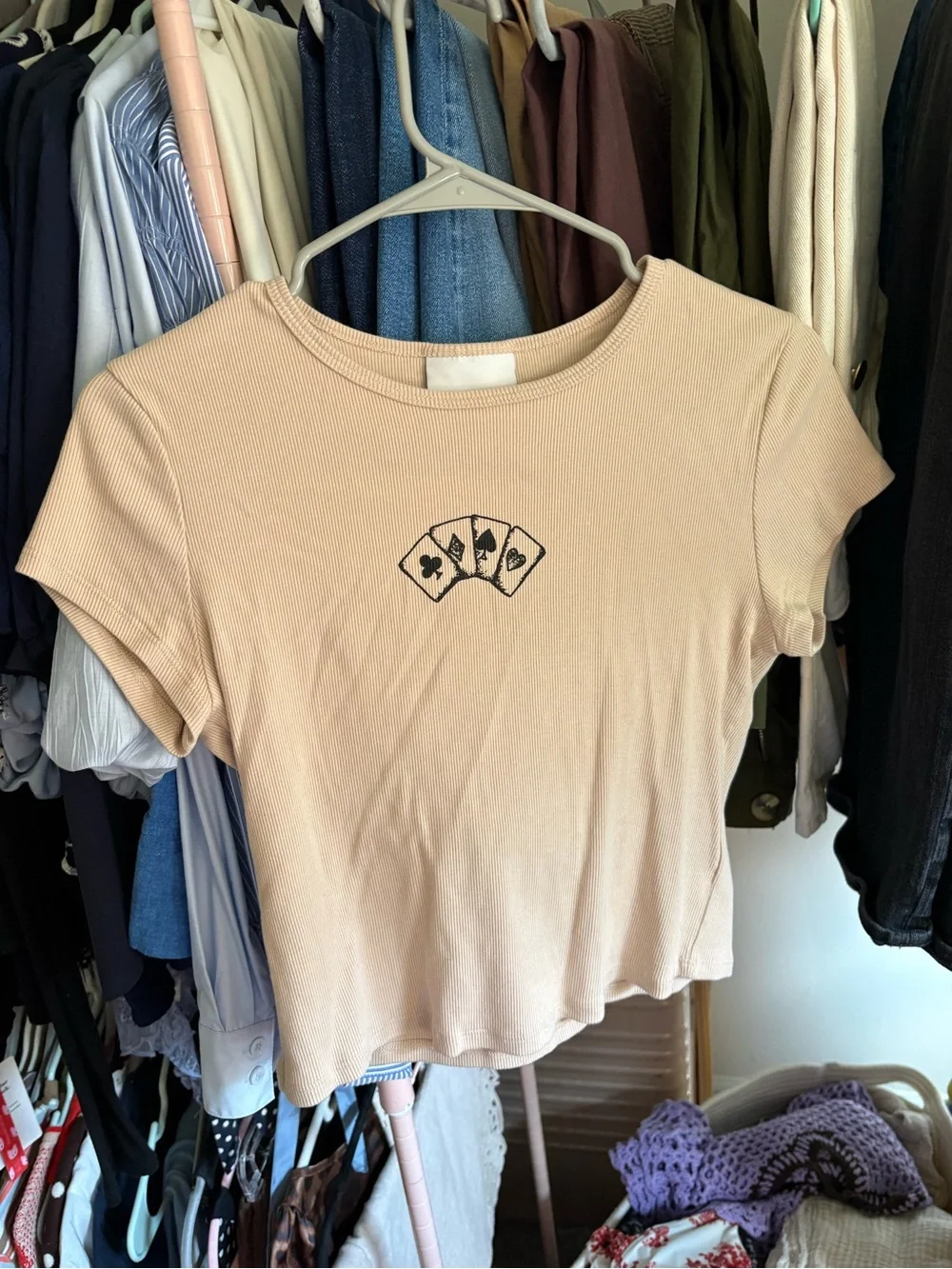 Reformation Beige Ribbed Crop Tee with Black Card Graphic